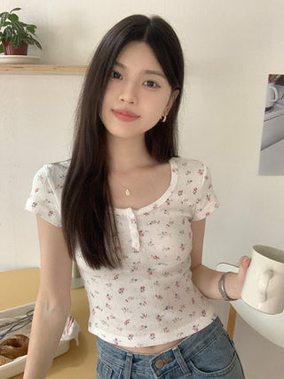 Floral Scoop Neck Button Top