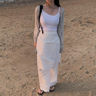 Korean wrapping apron fake two pieces pants