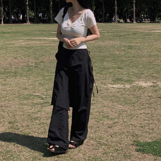 Korean wrapping apron fake two pieces pants
