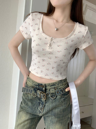 Short-Sleeve Floral Print Crop Top