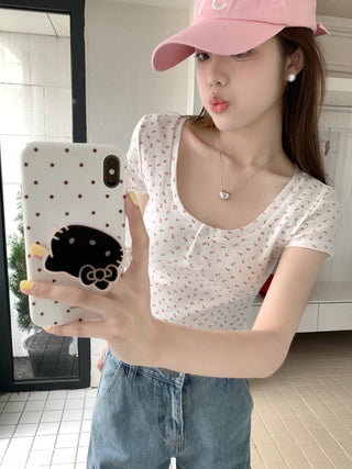 Short-Sleeve Floral Print Crop Top