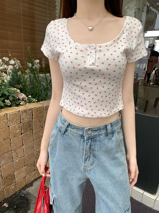 Short-Sleeve Floral Print Crop Top