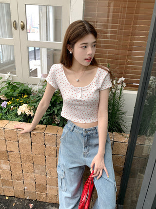 Short-Sleeve Floral Print Crop Top