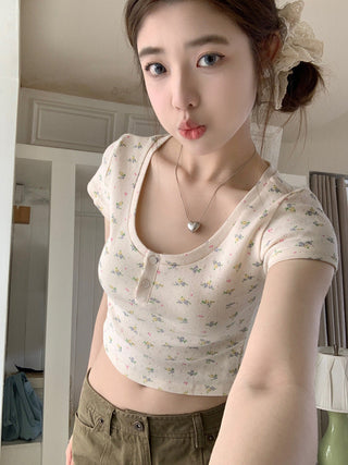 Short-Sleeve Floral Print Crop Top