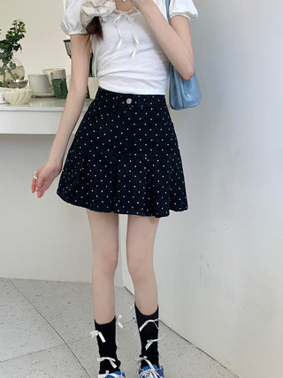 Dot ruffled denim skirt