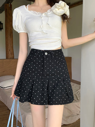 Dot ruffled denim skirt
