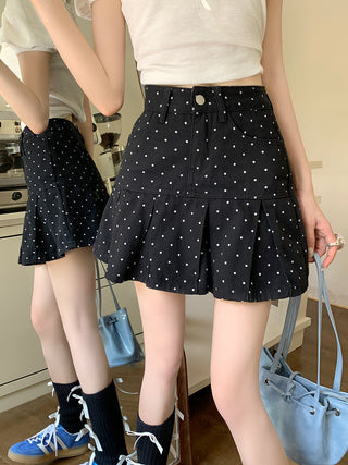 Dot ruffled denim skirt