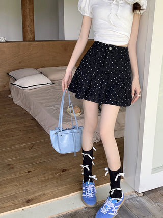 Dot ruffled denim skirt