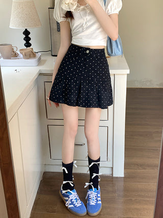 Dot ruffled denim skirt
