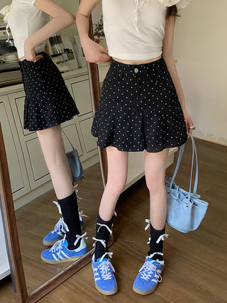 Dot ruffled denim skirt