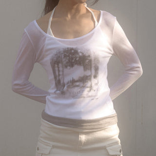 Round neck light stitching fake two pieces top