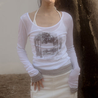 Round neck light stitching fake two pieces top