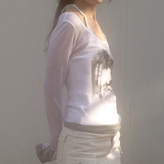 Round neck light stitching fake two pieces top