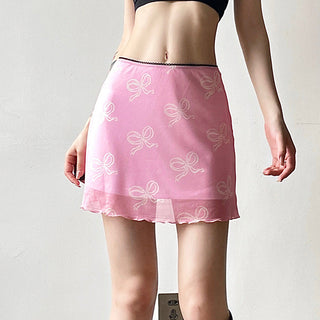 Bow printed net gauze skirt