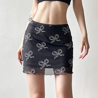 Bow printed net gauze skirt