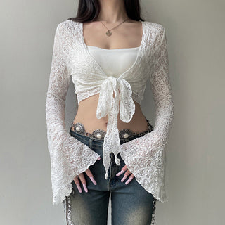 Lace strap long sleeve cropped jersey
