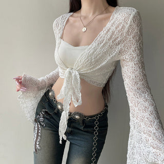 Lace strap long sleeve cropped jersey
