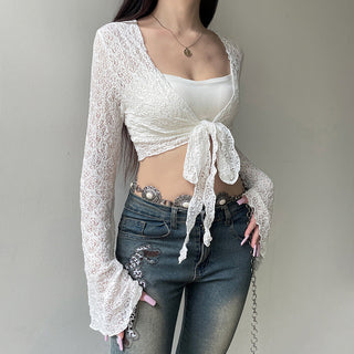 Lace strap long sleeve cropped jersey