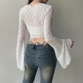 Lace strap long sleeve cropped jersey