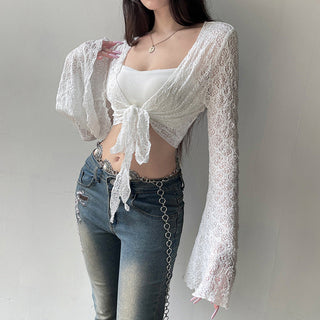 Lace strap long sleeve cropped jersey