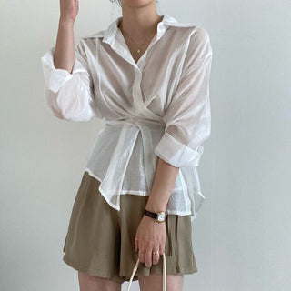Irregular Drawstring Belted See-through Blouse