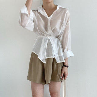 Irregular Drawstring Belted See-through Blouse