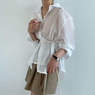 Irregular Drawstring Belted See-through Blouse