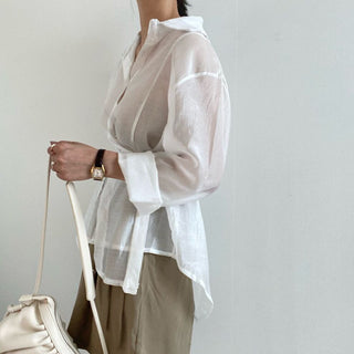 Irregular Drawstring Belted See-through Blouse