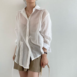 Irregular Drawstring Belted See-through Blouse