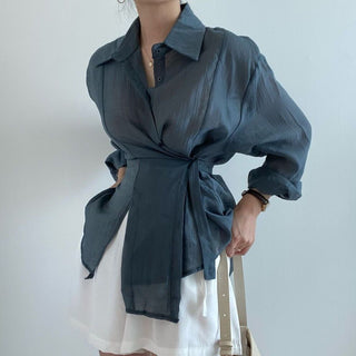 Irregular Drawstring Belted See-through Blouse