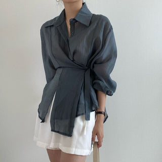 Irregular Drawstring Belted See-through Blouse