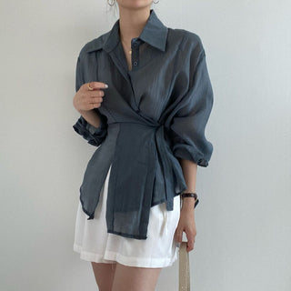 Irregular Drawstring Belted See-through Blouse