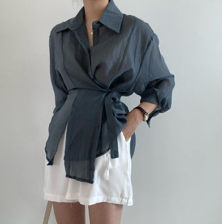 Irregular Drawstring Belted See-through Blouse