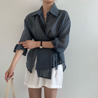 Irregular Drawstring Belted See-through Blouse