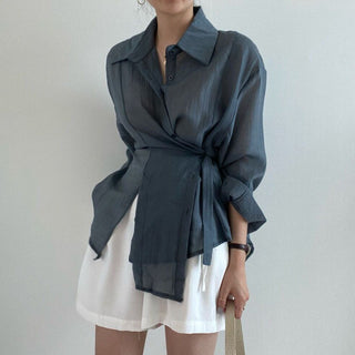 Irregular Drawstring Belted See-through Blouse