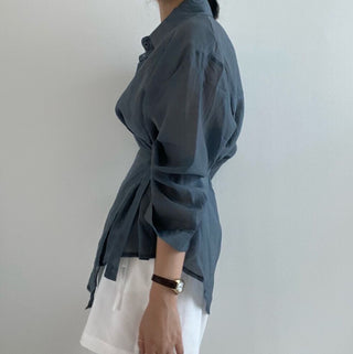 Irregular Drawstring Belted See-through Blouse