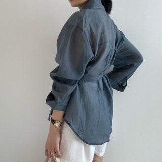 Irregular Drawstring Belted See-through Blouse