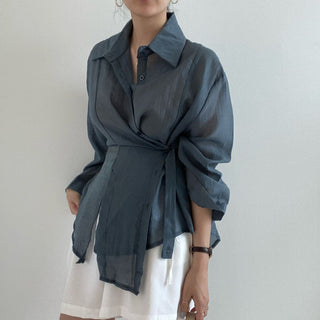 Irregular Drawstring Belted See-through Blouse