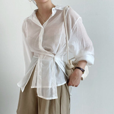 Irregular Drawstring Belted See-through Blouse