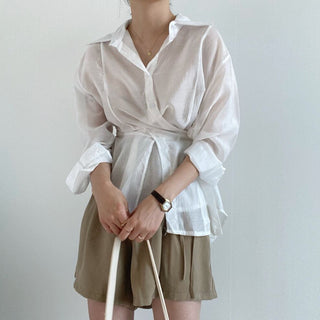 Irregular Drawstring Belted See-through Blouse