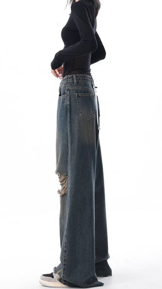 High-waist torn detail Vintage-wash Jeans