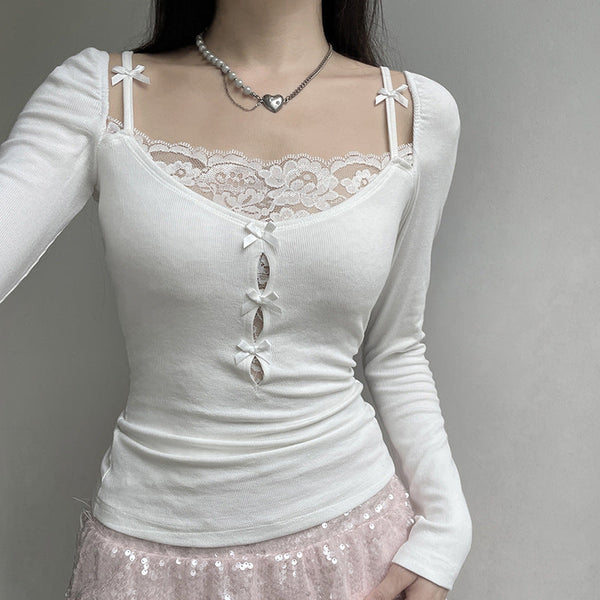 Lace stitching long-sleeved top