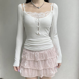 Lace stitching long-sleeved top