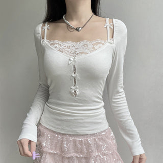 Lace stitching long-sleeved top