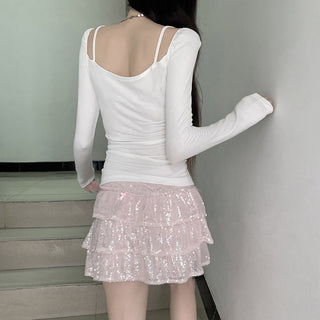 Lace stitching long-sleeved top
