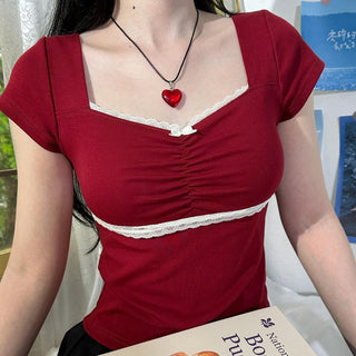 Square-Neck Lace-Trim Bow Accent Slim-Fit Top