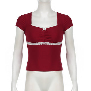 Square-Neck Lace-Trim Bow Accent Slim-Fit Top
