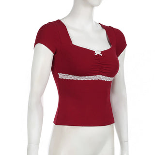 Square-Neck Lace-Trim Bow Accent Slim-Fit Top
