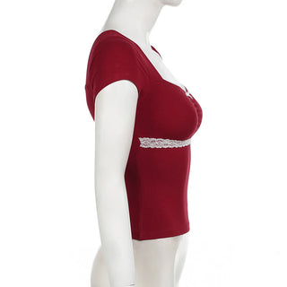 Square-Neck Lace-Trim Bow Accent Slim-Fit Top