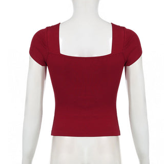 Square-Neck Lace-Trim Bow Accent Slim-Fit Top